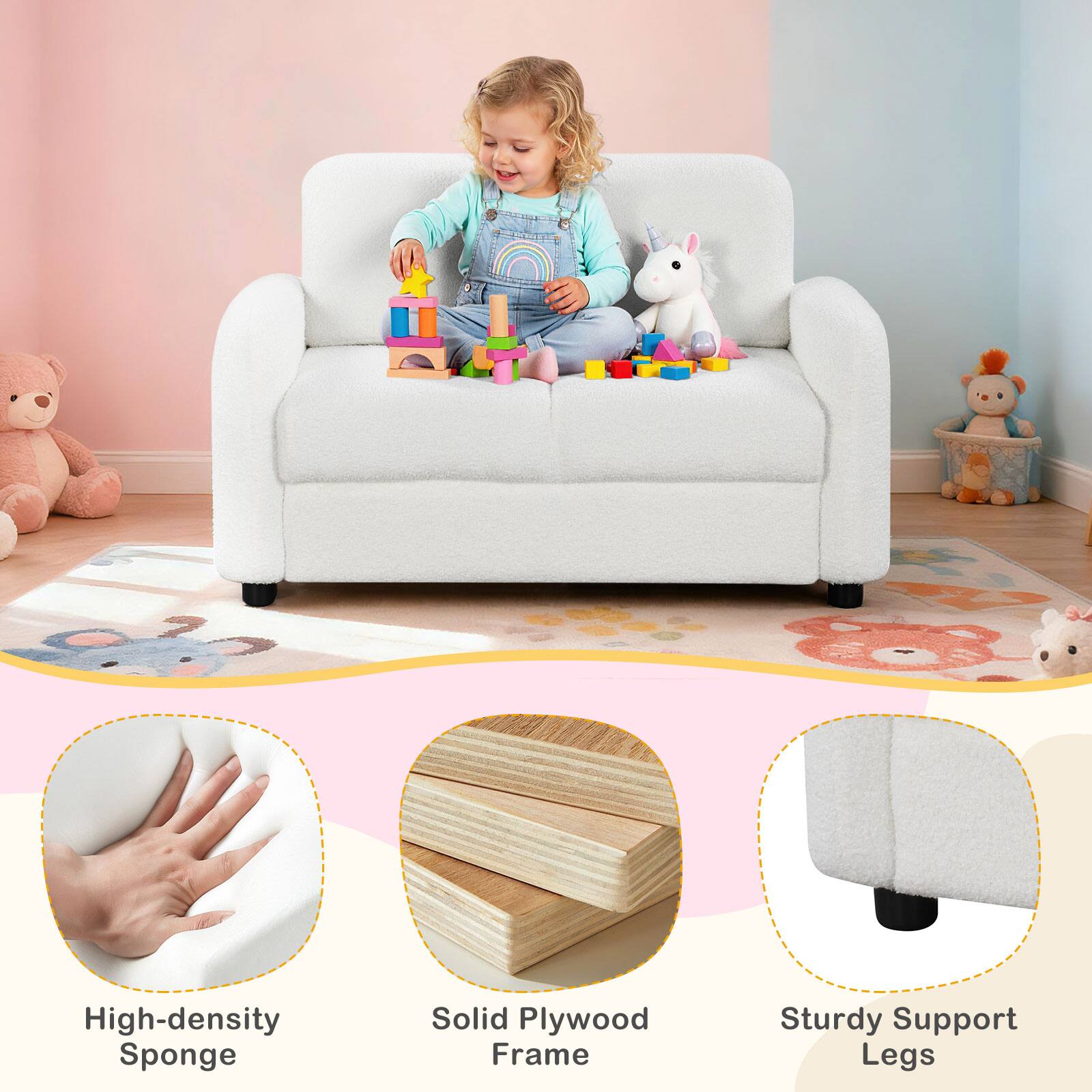 High-density Sponge  
Solid Plywood Frame  
Sturdy Support Legs