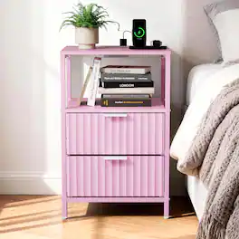 Winado - Fluted Style Nightstand with Charging Station, 2 Fabric Drawers and Shelves USB Type-C AC Outlets Front Bedside Table - Pink