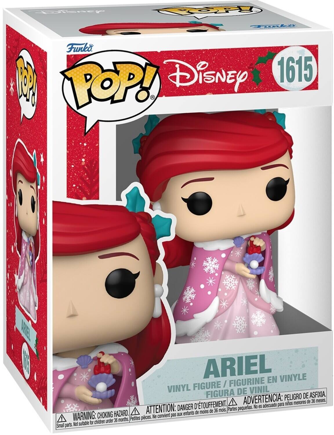 Sure, here is the corrected and grouped text from the image:

---

**Funko POP! Disney**

**1615**

**ARIEL**

**VINYL FIGURE / FIGURINE EN VINYLE / FIGURA DE VINIL**

**WARNING: CHOKING HAZARD. Small parts. Not suitable for children under 36 months.**

**ATTENTION: DANGER D'ÉTOUFFEMENT. Petites pièces. Ne convient pas aux enfants de moins de 36 mois.**

**ADVERTENCIA: PEIGRO DE ASFIXIA. Partes pequeñas. No es adecuado para niños menores de 36 meses.**

---

This text is organized to reflect the warnings and product information as seen on the packaging.