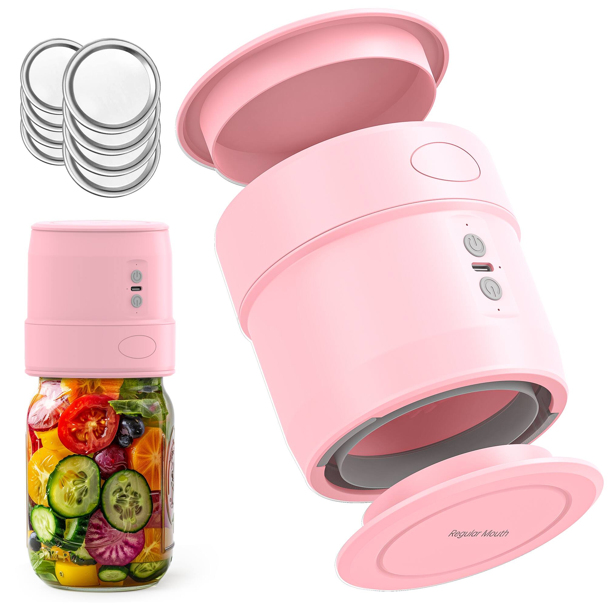 Easyera - Electric Mason Jar Vacuum Sealer, Upgraded Dual-Head Auto-Stop, Fits Wide & Regular Mouth Jars - Pink