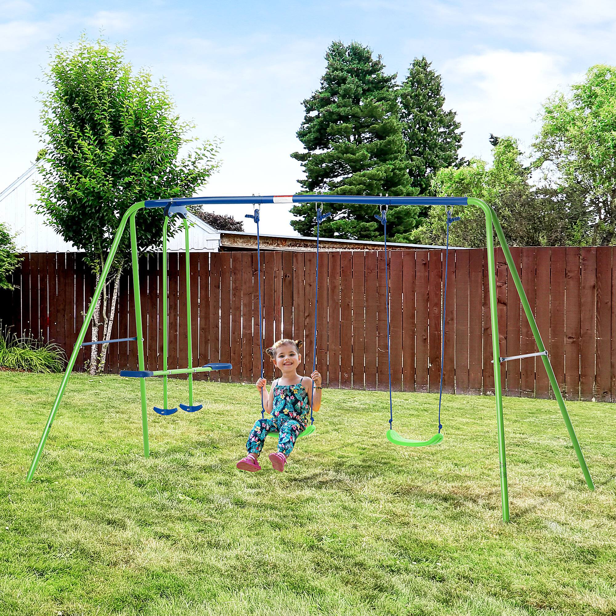 Angle. APRILSOUL - Metal Swing Set with Glider Two Swing Seats and Adjustable Height Outdoor Heavy Duty A-Frame Suitable for Playground.