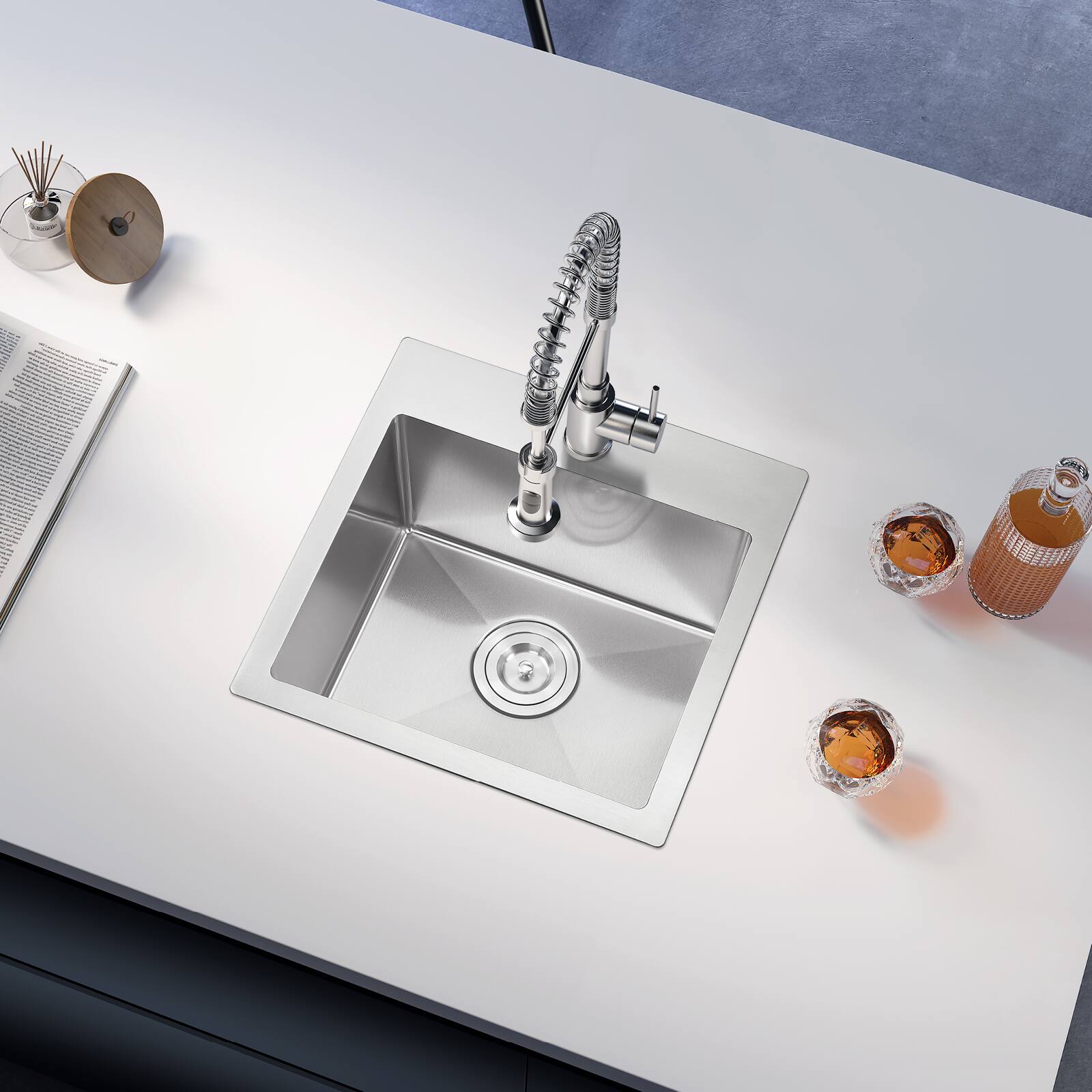 Angle. Akicon - Akicon 18 in. Drop-in Single Bowl 20-Gauge Silver Nano-Coated Kitchen Sink with Basket Strainer - Silver.