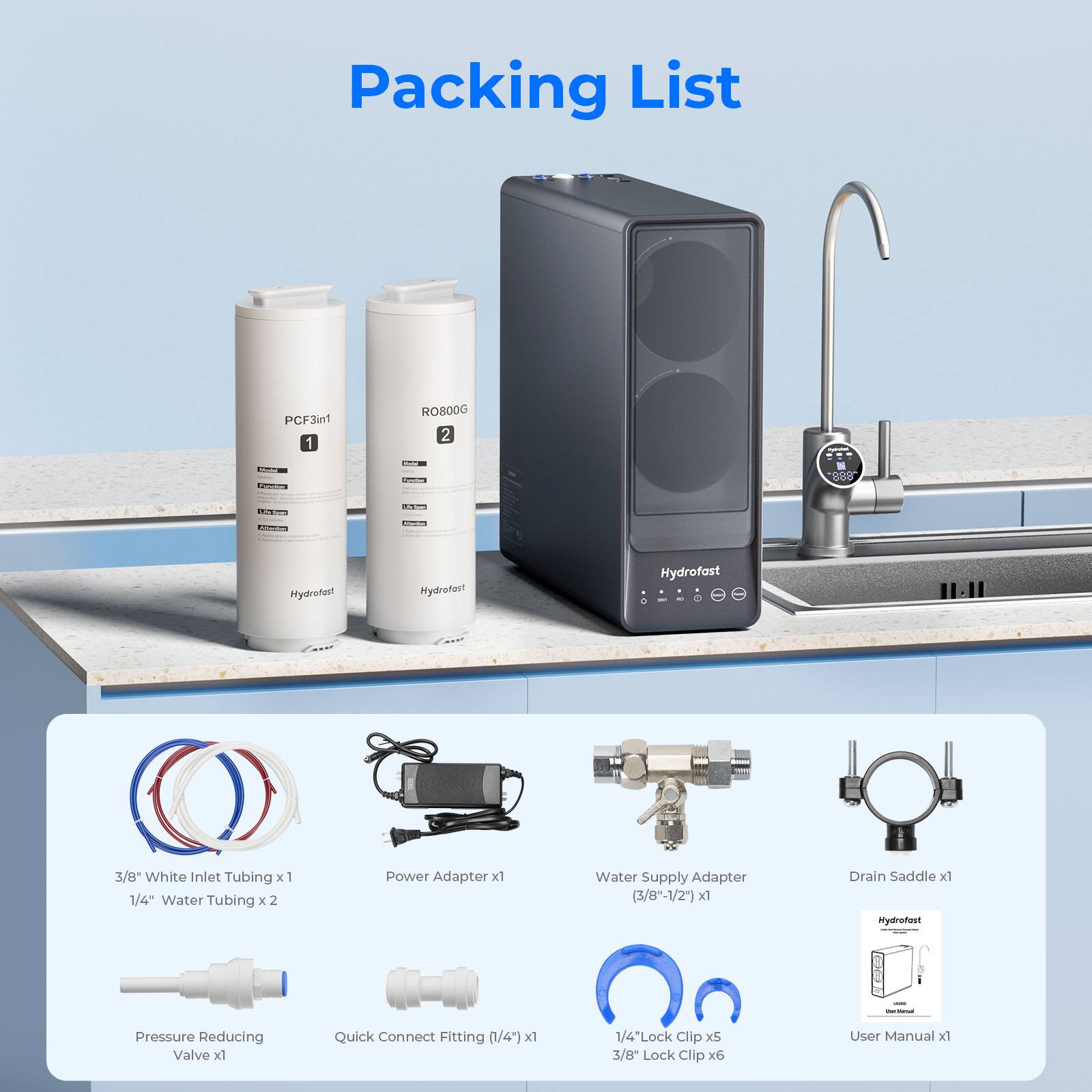 Packing List

1. PCF3inf
2. RO800G

Hydrofast

- 3/8" White Inlet Tubing x 1
- 1/4" Water Tubing x 2
- Power Adapter x 1
- Water Supply Adapter (3/8"-1/2") x 1
- Drain Saddle x 1
- Hydrofast Pressure Reducing Valve x 1
- Quick Connect Fitting (1/4") x 1
- 1/4" Lock Clip x 5
- 3/8" Lock Clip x 6
- User Manual x 1