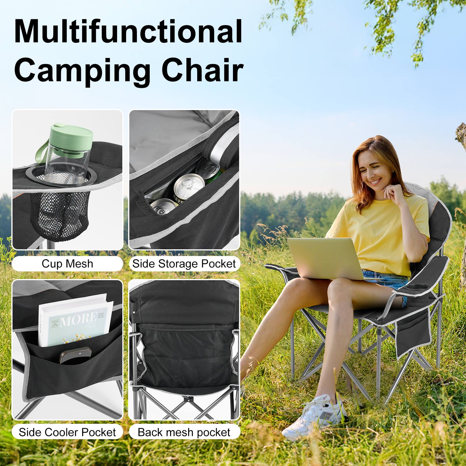 Multifunctional Camping Chair

- Cup Mesh
- Side Storage Pocket
- Side Cooler Pocket
- Back mesh pocket