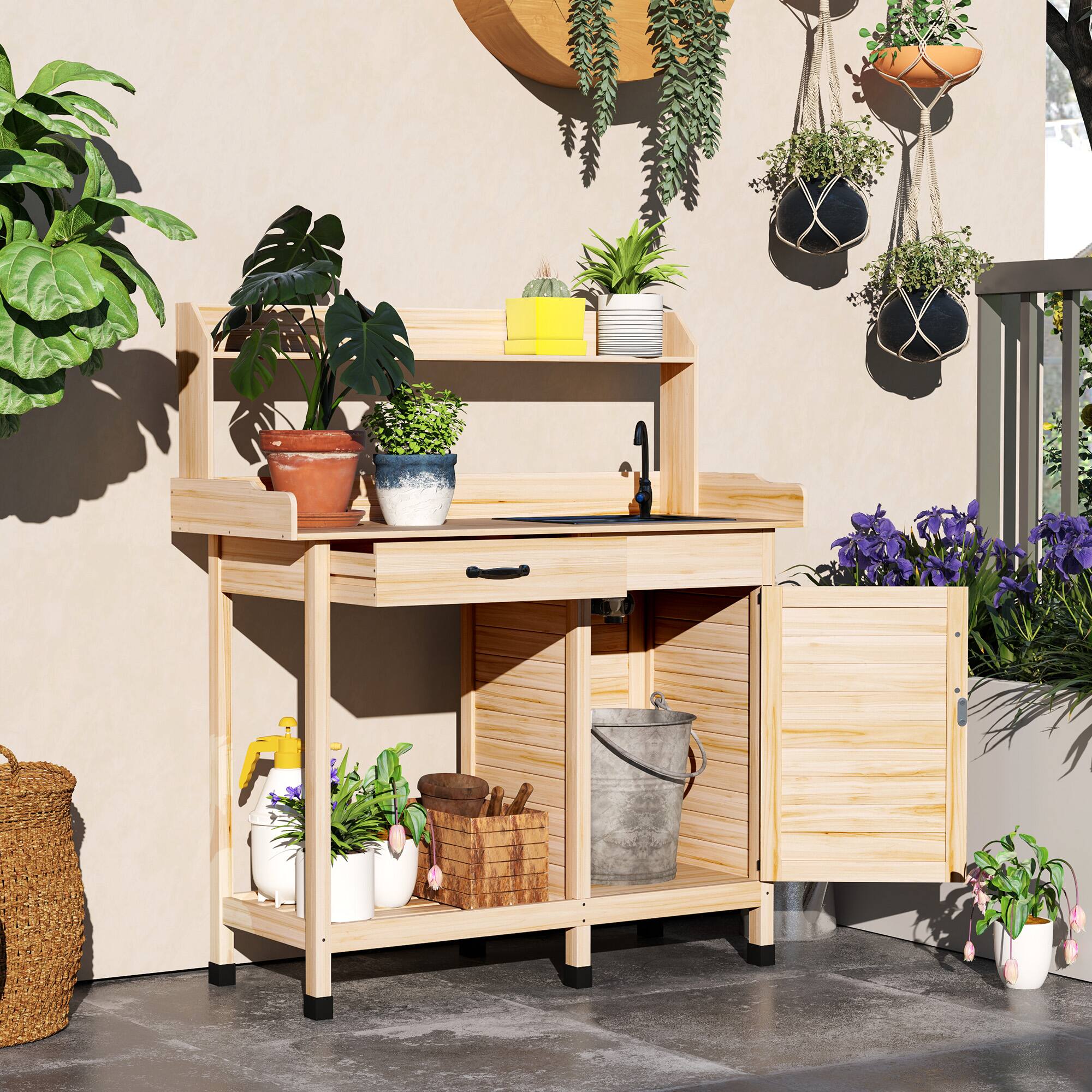 Alt View 1. Outsunny - Potting Bench Table with Sink, Outdoor Work Bench Table with Storage Cabinet, Hooks, Removable Sink - Natural Wood.