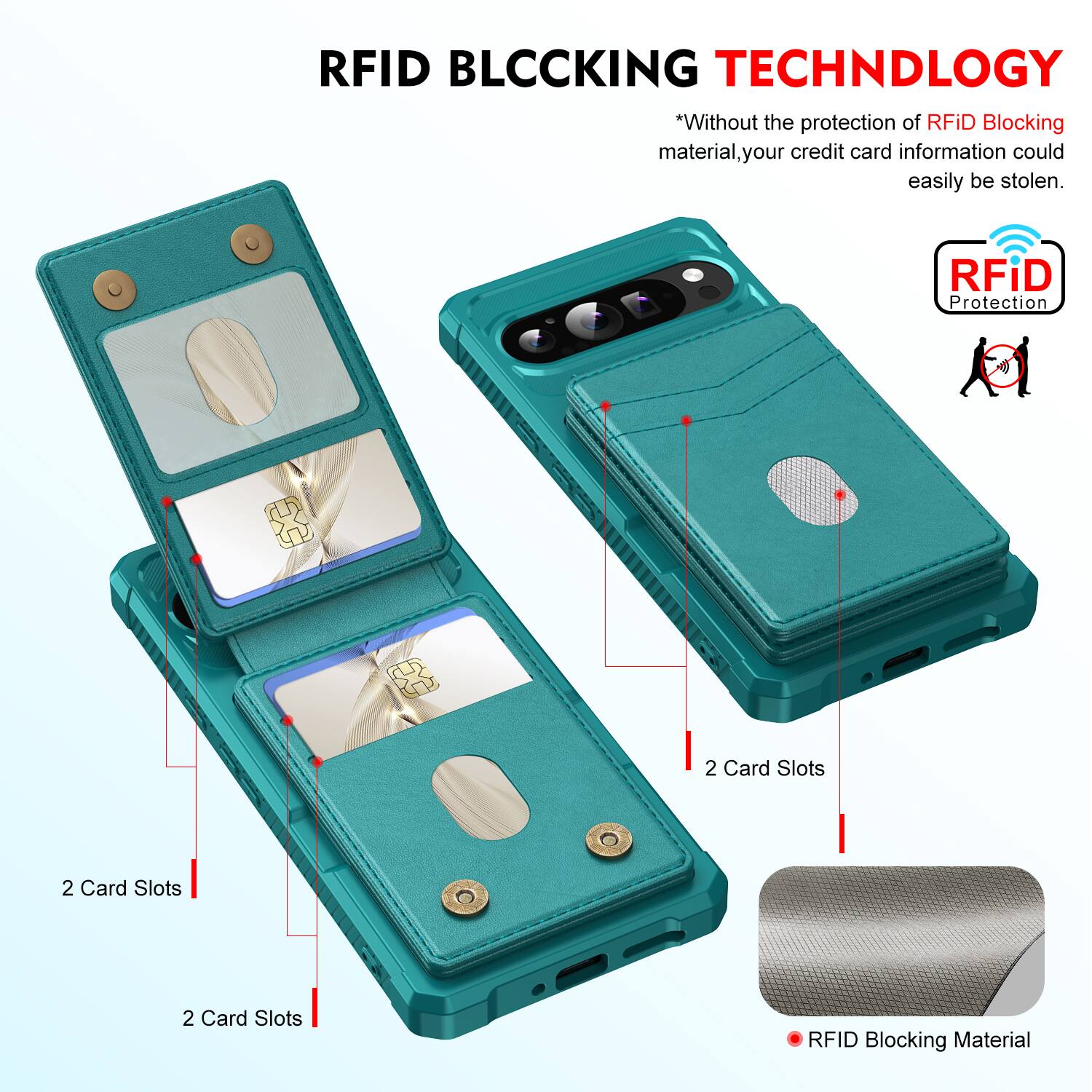 RFID BLOCKING TECHNOLOGY

*Without the protection of RFID Blocking material, your credit card information could easily be stolen.

RFID Protection

2 Card Slots

2 Card Slots

2 Card Slots

RFID Blocking Material