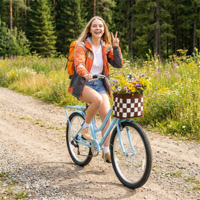 Angle. HTUTWOO - 26 " City Commuter Bike - 7-Speed Drivetrain Urban Bicycle, Steel Frame, Alloy Wheels, V-Brake System, Lock & Basket - Blue.