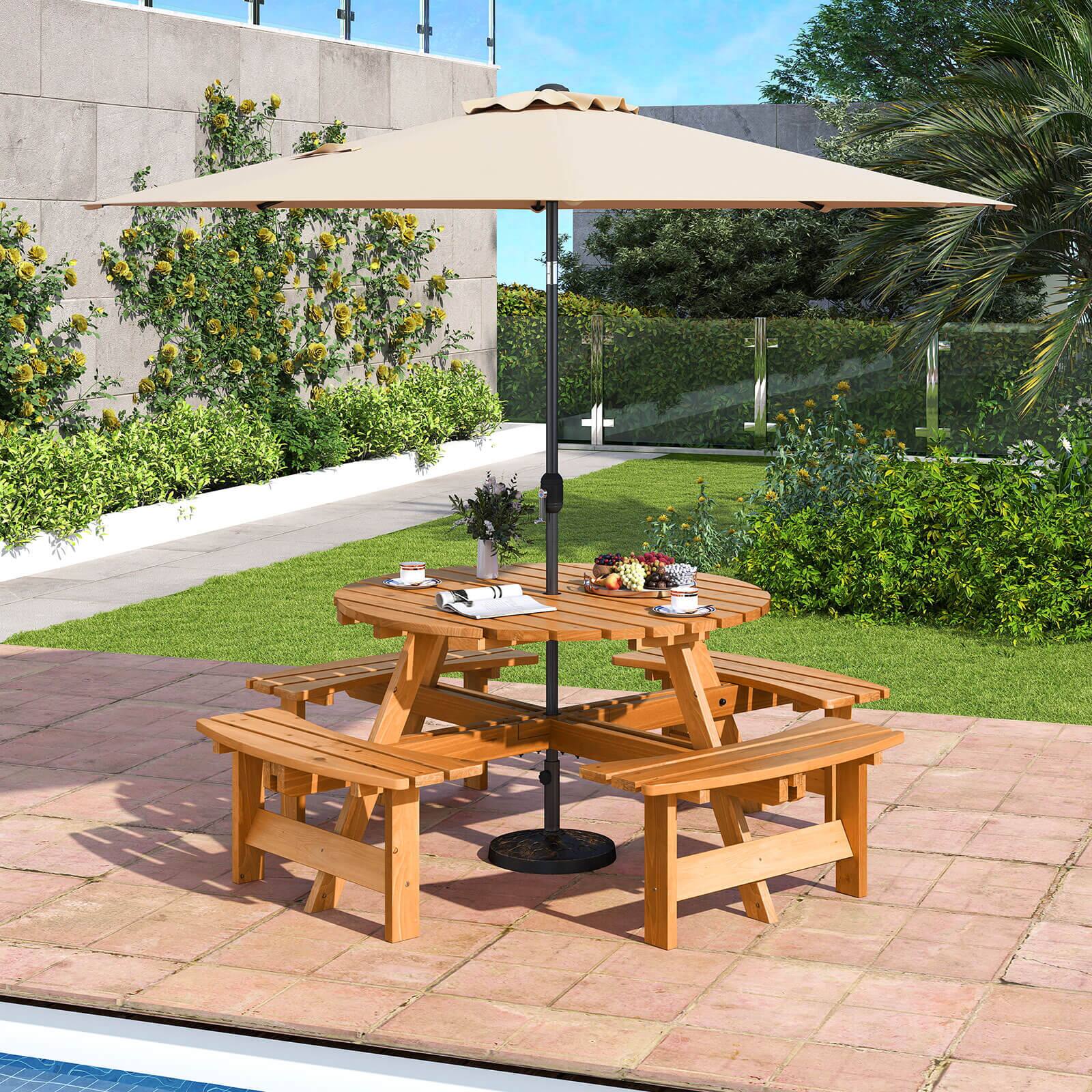 Alt View 4. Costway - Costway 8-Person Round Picnic Table Set with 4 Built-in Benches 2" Umbrella Hole - Yellow.
