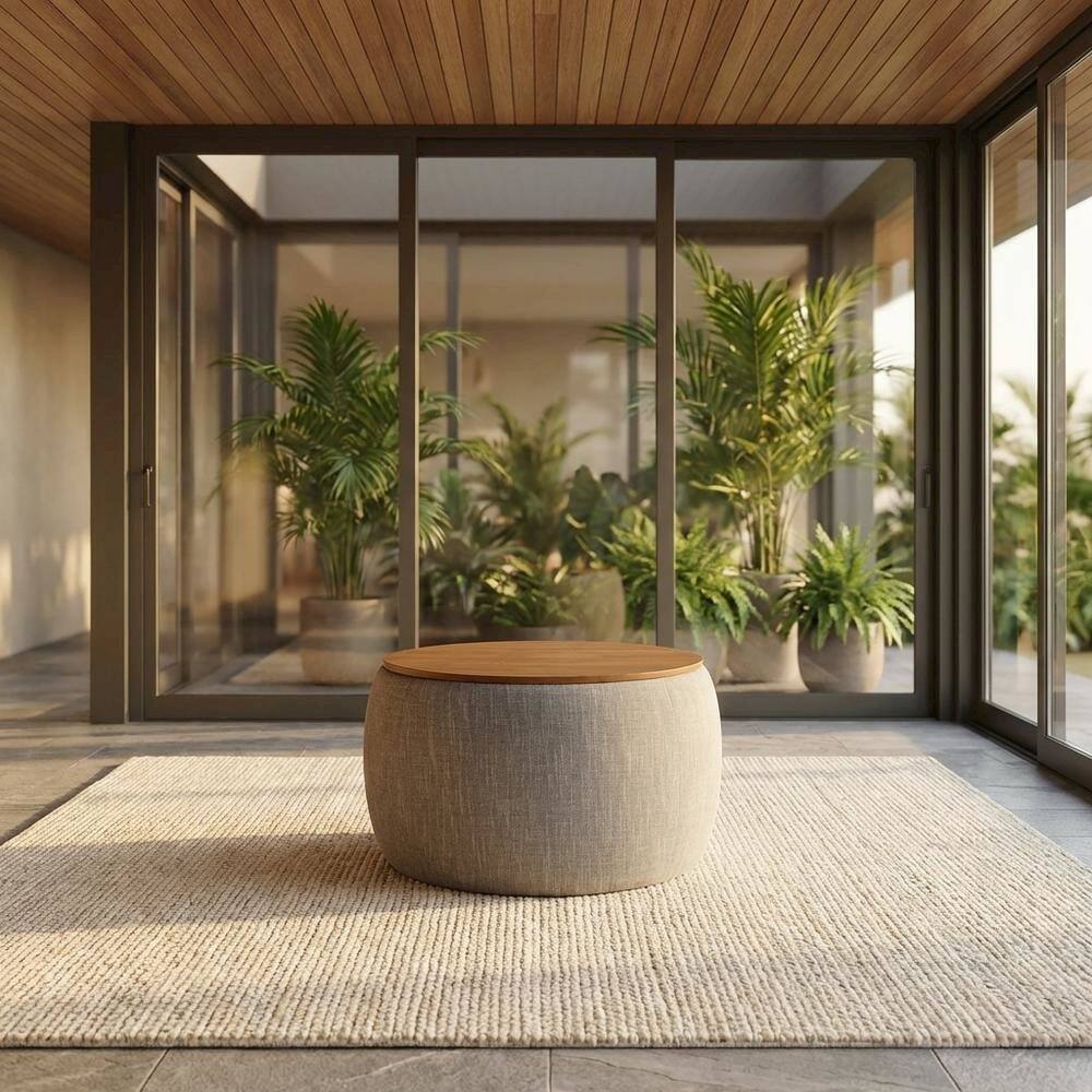 Angle. Outdoor Escape - Woven Heathered Fabric Upholstered Storage Ottoman, Soft Cushion Seat, Durable - Brown.