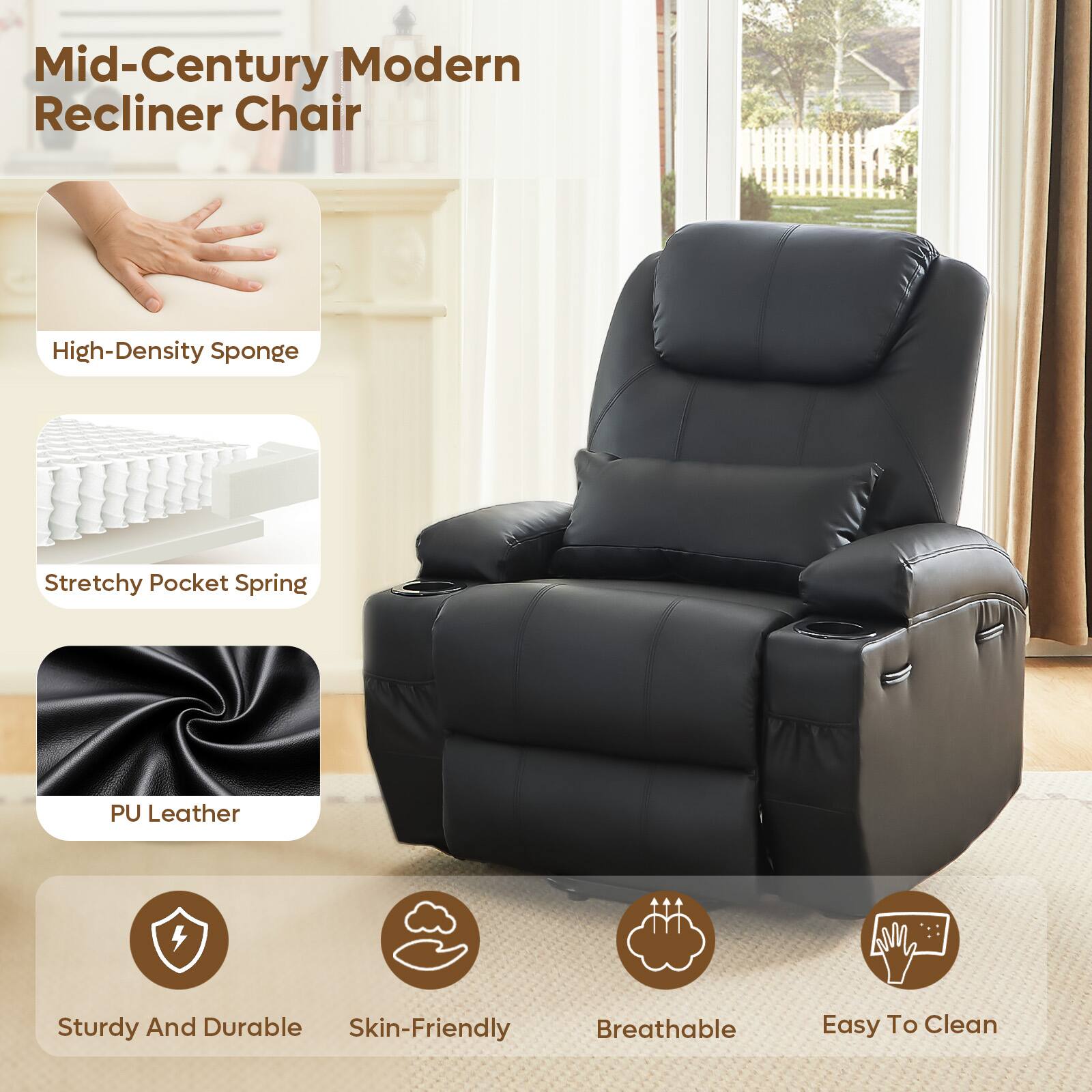 Mid-Century Modern Recliner Chair

- High-Density Sponge
- Stretchy Pocket Spring
- PU Leather

- Sturdy And Durable
- Skin-Friendly
- Breathable
- Easy To Clean