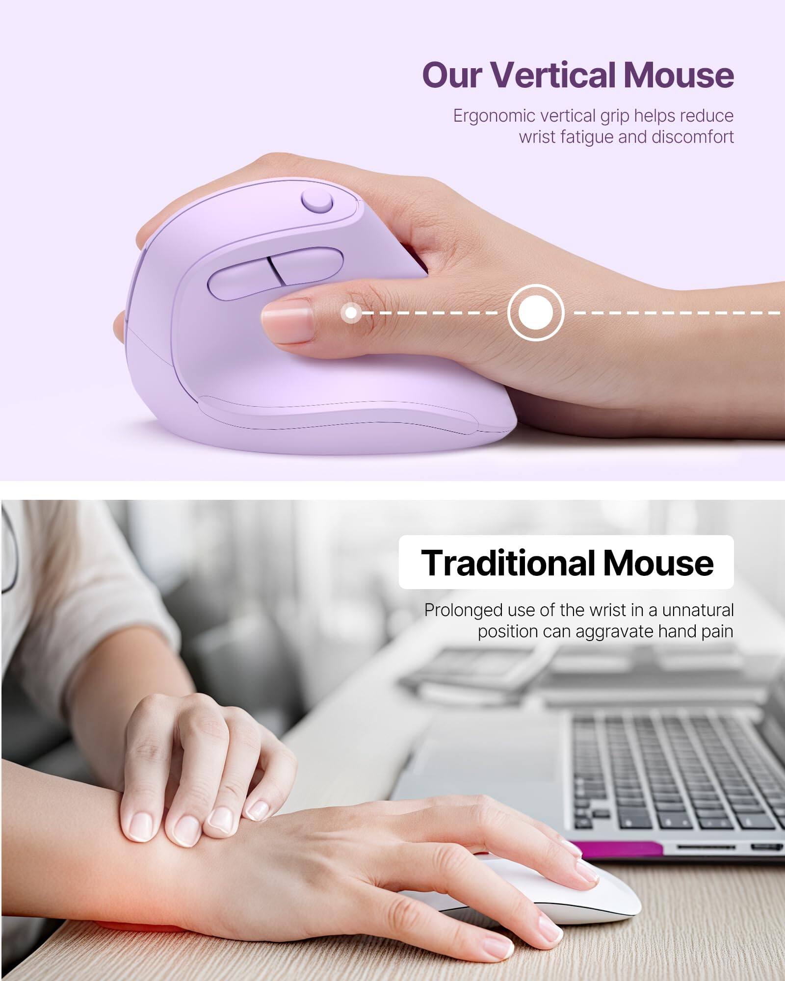 Our Vertical Mouse  
Ergonomic vertical grip helps reduce wrist fatigue and discomfort  

Traditional Mouse  
Prolonged use of the wrist in an unnatural position can aggravate hand pain