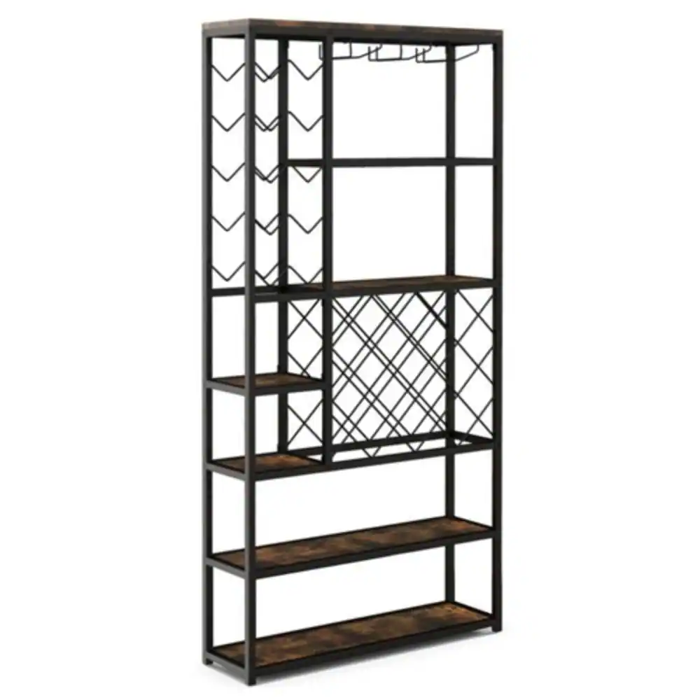 Front. Hivvago - Heavy Duty Industrial Metal Wood 6 Tier Wine Rack Kitchen Storage Shelving Unit - Black, Brown.
