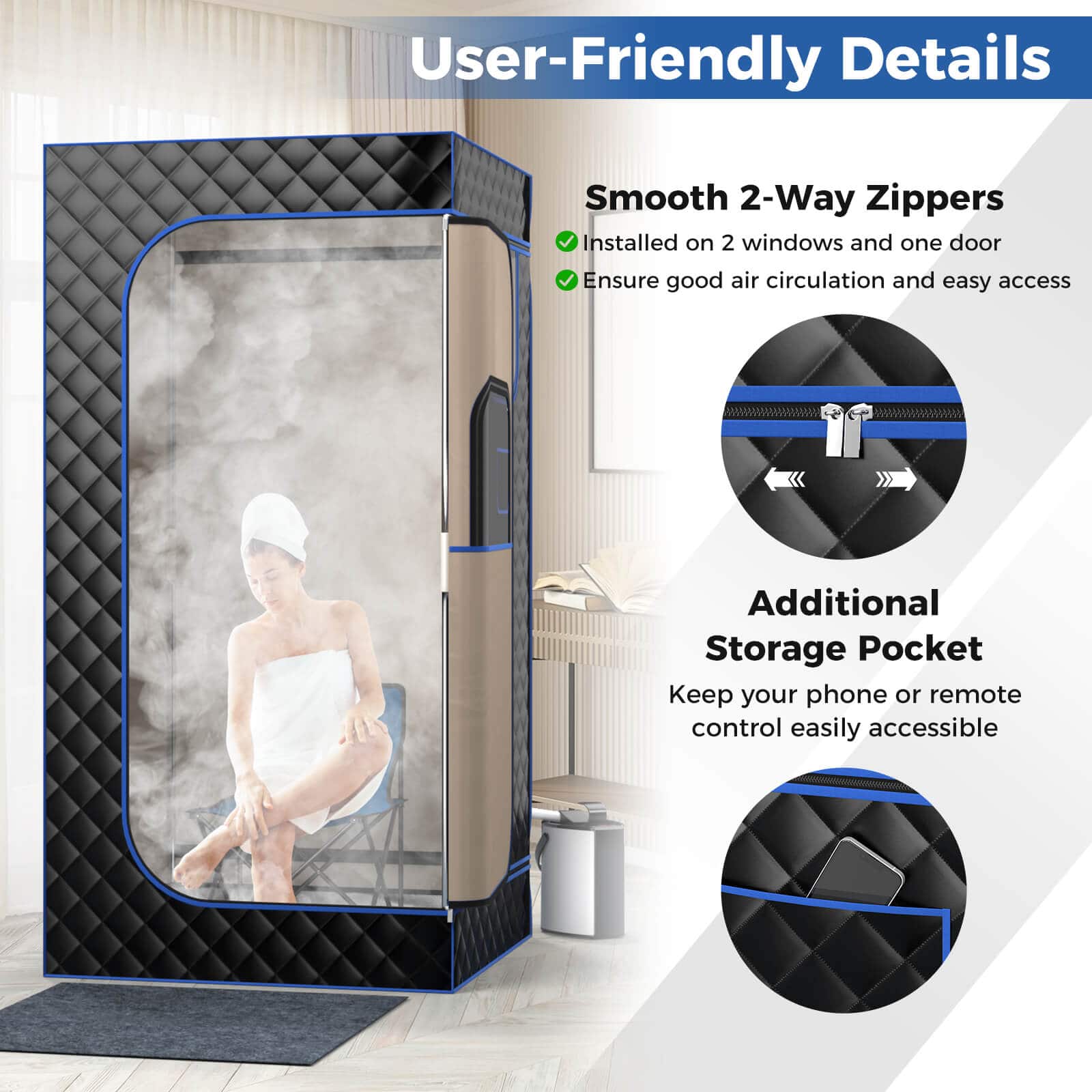 User-Friendly Details:
* Smooth 2-Way Zippers: Installed on 2 windows and one door to ensure good air circulation and easy access.
* Additional Storage Pocket: Keep your phone or remote control easily accessible.