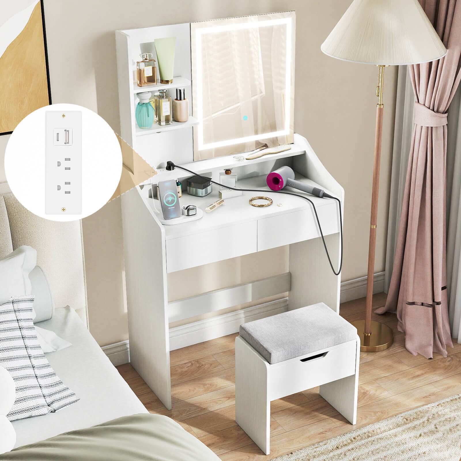 Alt View 3. Costway - Costway Vanity Desk with Mirror and Lights LED Lighted Makeup Table with 3 Color Modes - White.
