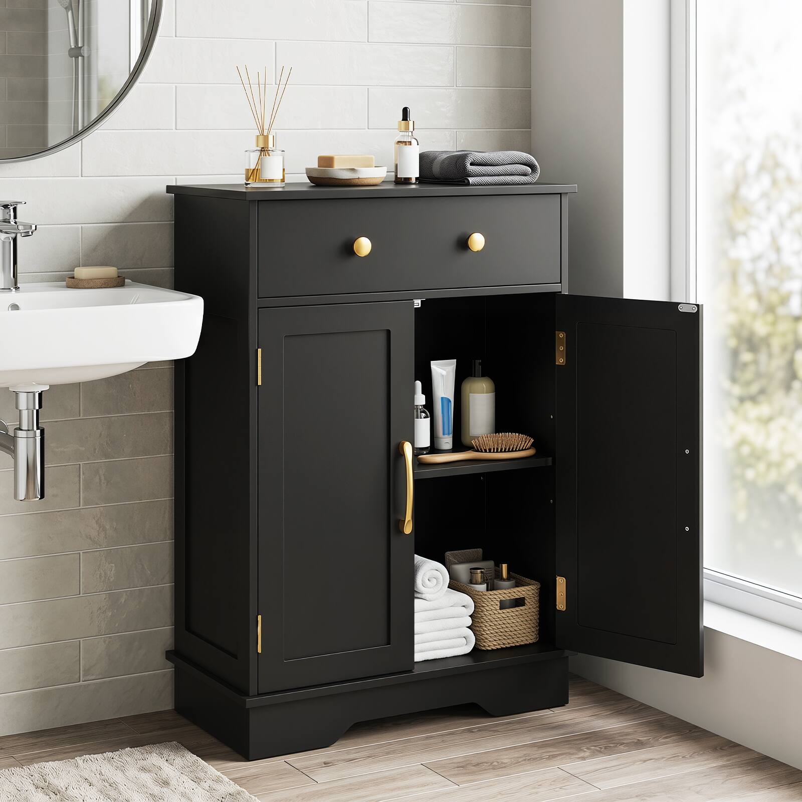 Alt View 4. Costway - Costway Bathroom Storage Cabinet, Sideboard Buffet Storage Cabinet with 2 Doors & Drawer - Black + Gold.