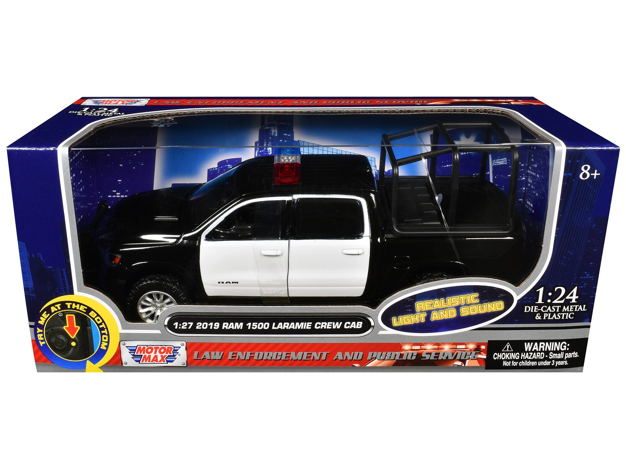 1:24 DIE-CAST METAL LIGHT AND SOUND  
1:27 2019 RAM 1500 LARAMIE CREW CAB  
MOTOR MAX  
LAW ENFORCEMENT AND PUBLIC SERVICE  
TRY ME AT THE BOTTOM  
REALISTIC  
WARNING: CHOKING HAZARD - Small parts. Not for children under 3 years.