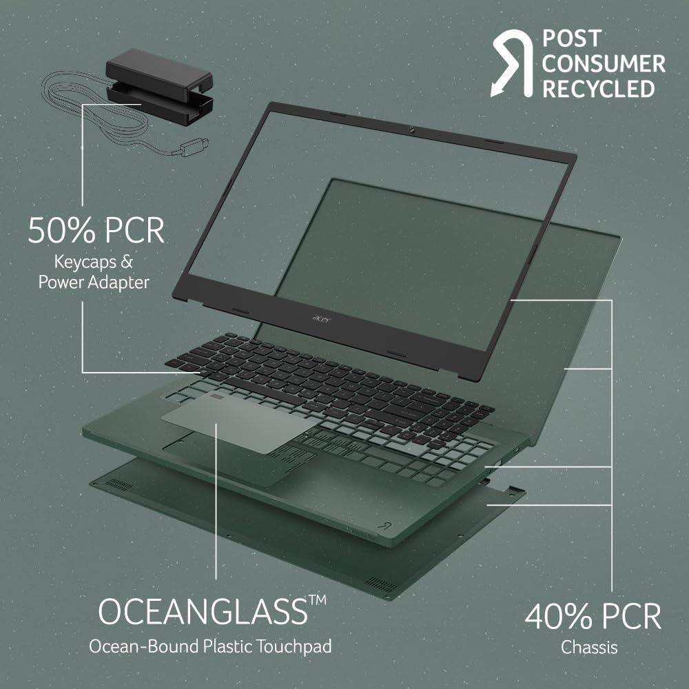 POST CONSUMER RECYCLED

50% PCR  
Keycaps & Power Adapter

OCEANGLASS™  
Ocean-Bound Plastic Touchpad

40% PCR  
Chassis