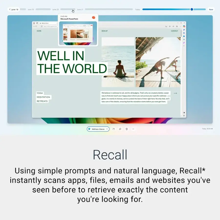 Recall is a tool that uses simple prompts and natural language to scan apps, files, emails, and websites you've seen before to retrieve the exact content you're looking for. It helps you find what you need quickly and efficiently, saving you time and effort.