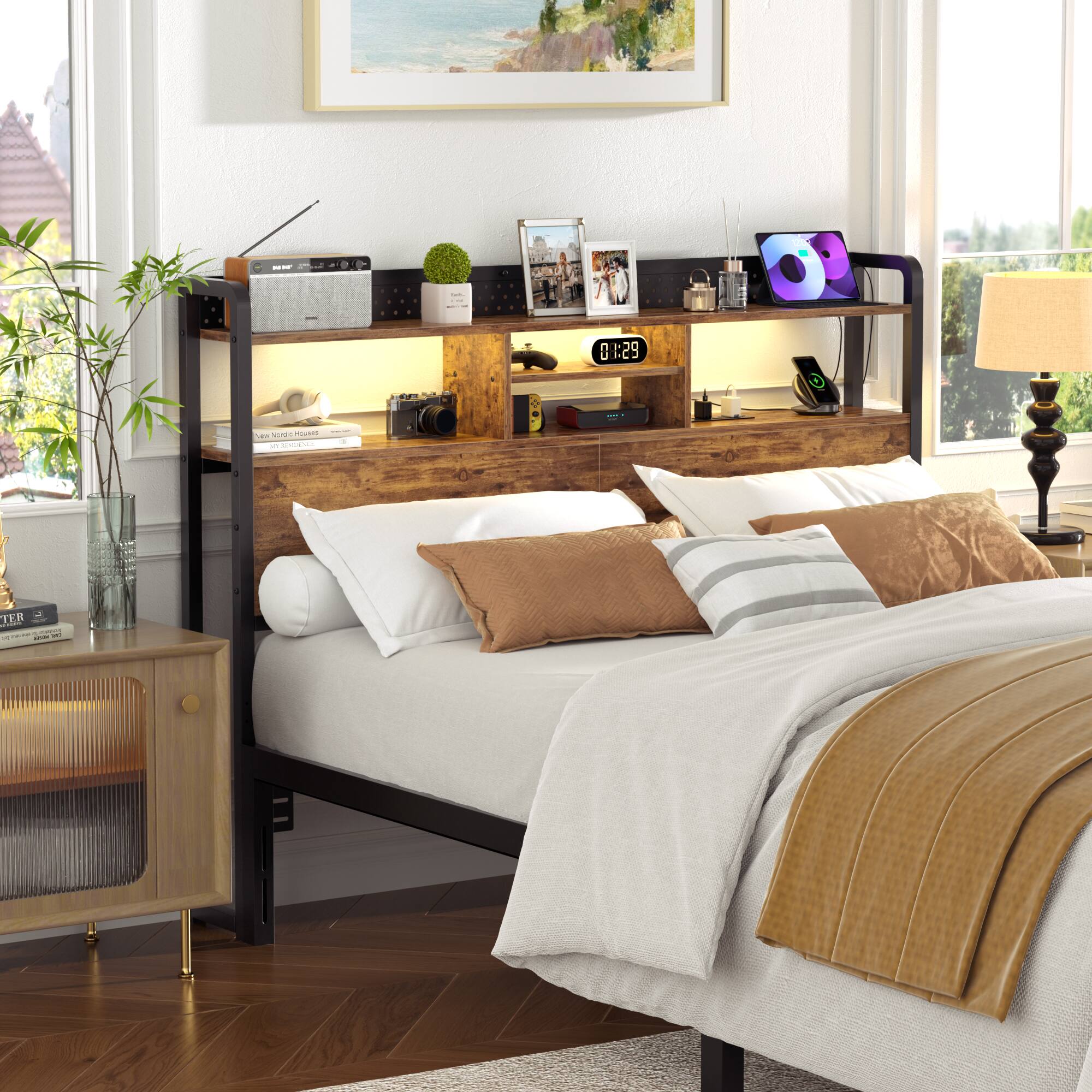 Aheaplus - Queen Headboard Only, Queen Size Headboard with Charging Station, RGB LED Light, and Bookcase Storage - Brown