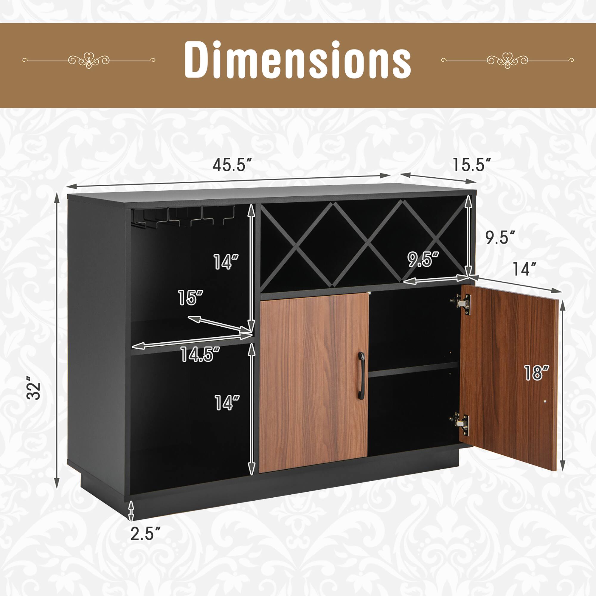 Dimensions: 45.5" x 15.5" x 14" x 15" x 9.5" x 9.5" x 14" x 32" x 14.5" x 14" x 18" x 2.5".
