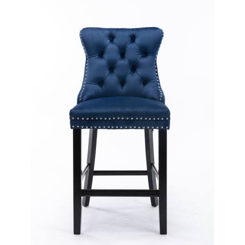 Angle. LUCKY ONE - Assembled Velvet Bar Stool Set of 2 with Button Tufted Wood Legs Chrome Nailhead Trim - Blue.