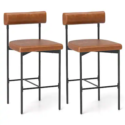 Front. Costway - 26" Upholstered Bar Stools Set of 2 with Padded Cushion & Backrest Footrest - Brown.