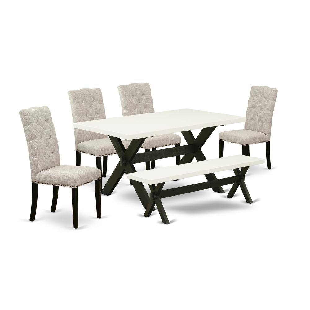 Left. East West Furniture - East West Furniture 6-Pc Dining room Table Set-Doeskin Linen Fabric Seat and Button Tufted Chair Back Parson chairs, A - Multi-Color.