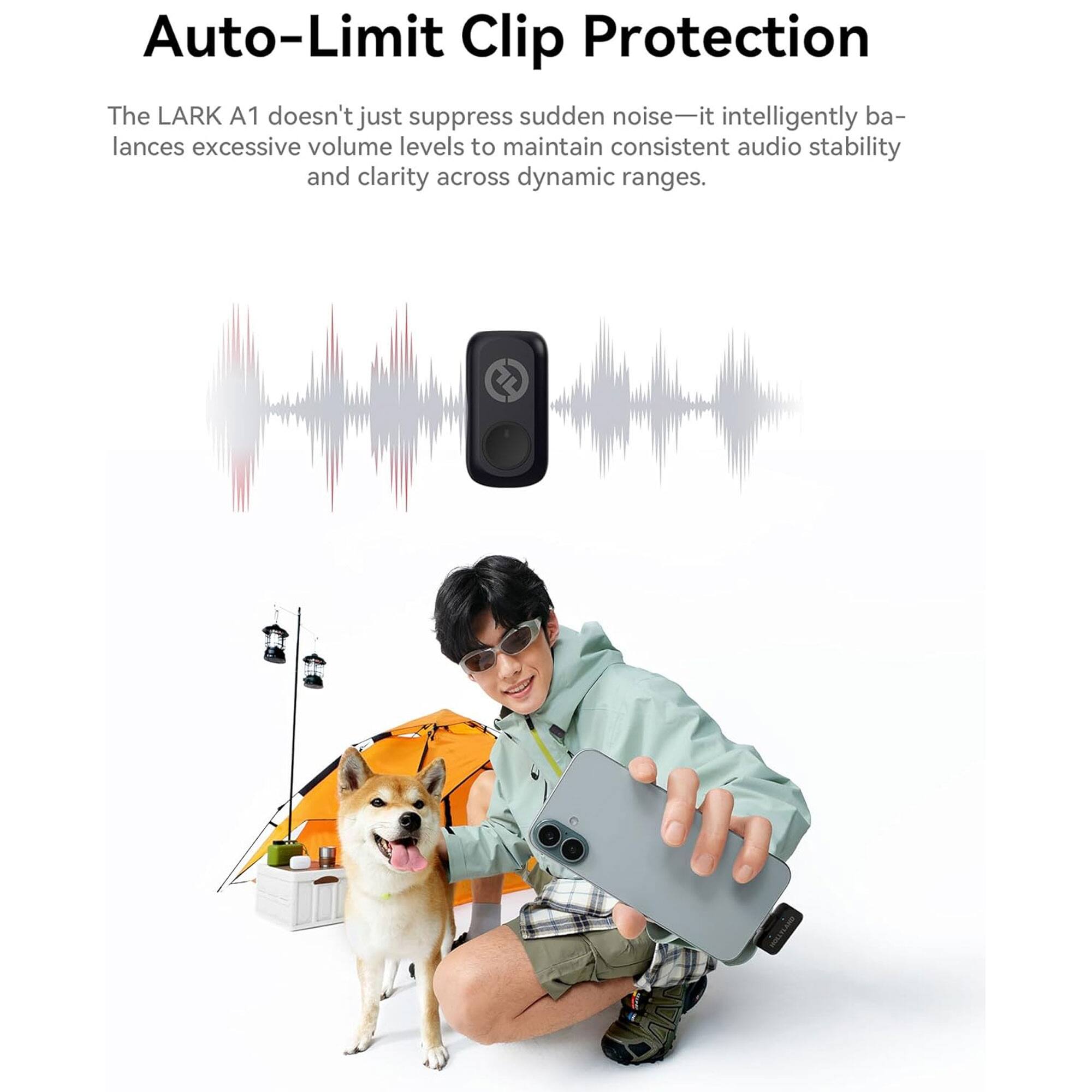 Auto-Limit Clip Protection

The LARK A1 doesn't just suppress sudden noise—it intelligently balances excessive volume levels to maintain consistent audio stability and clarity across dynamic ranges.