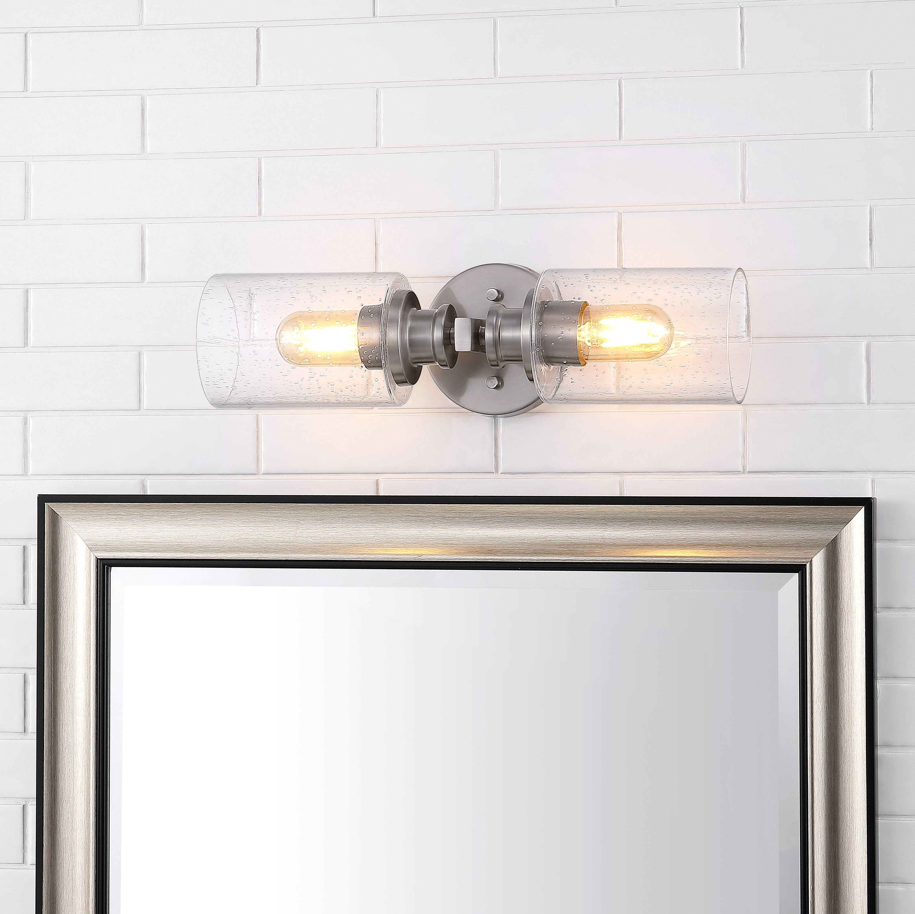 Alt View 1. Jonathan Y - Jules Edison 16.5" Cylinder 2-Light Iron/Seeded Glass Farmhouse Contemporary LED Wall Sconce, Nickel - Nickel.