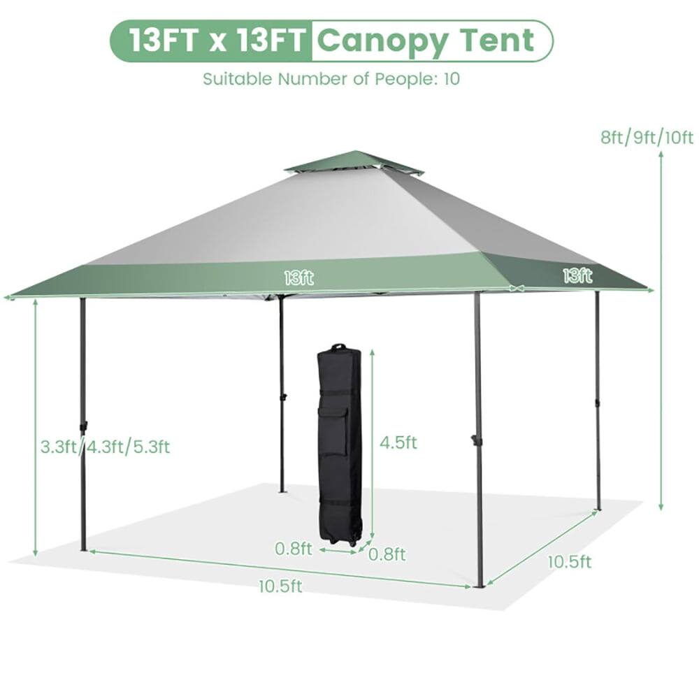 13FT x 13FT Canopy Tent  
Suitable Number of People: 10  

- Width: 13ft  
- Height: 8ft/9ft/10ft  
- Side Height: 3.3ft/4.3ft/5.3ft  
- Front/Back Height: 4.5ft  
- Base Width: 10.5ft  
- Base Depth: 10.5ft  
- Side Clearance: 0.8ft  
- Front/Back Clearance: 0.8ft