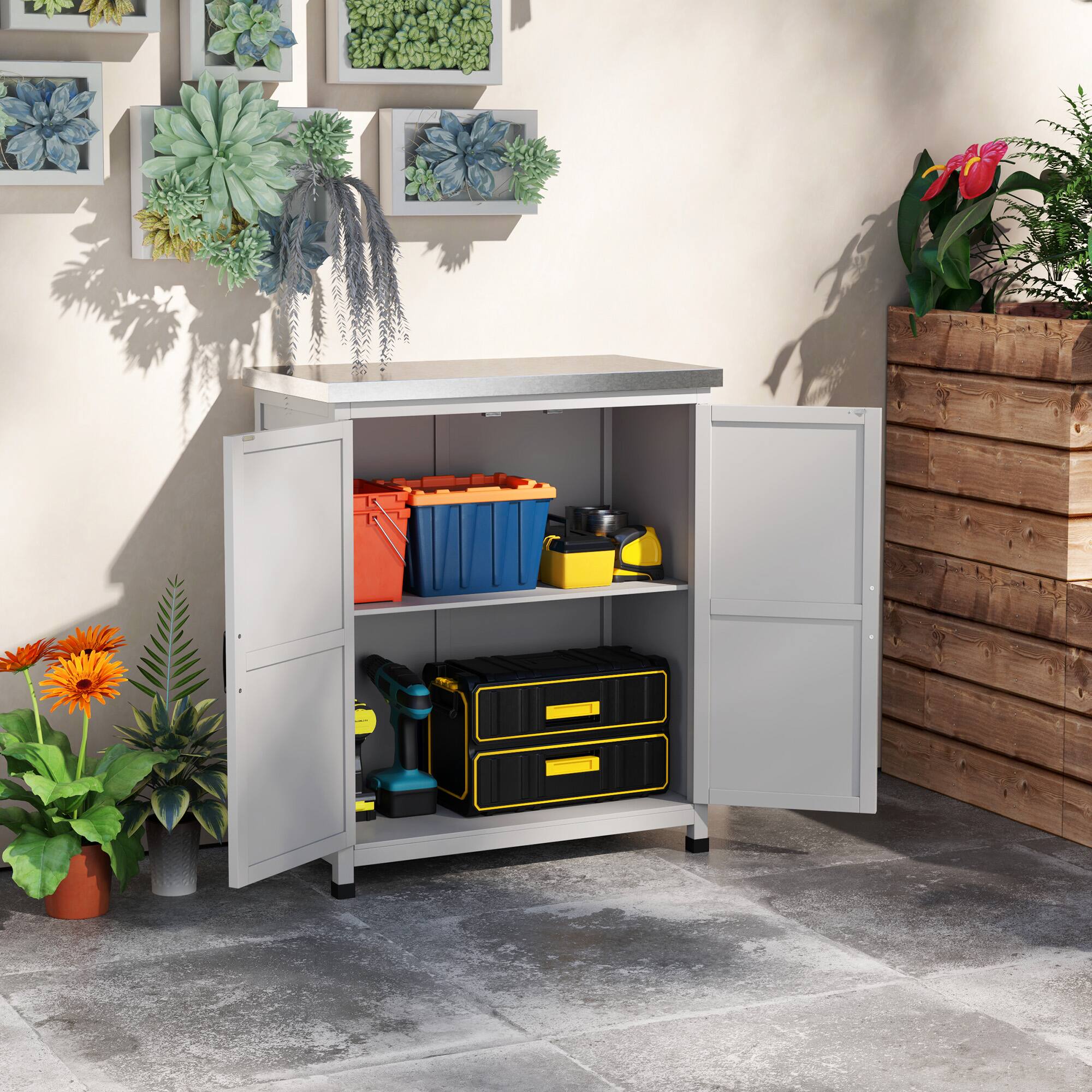 Alt View 1. Outsunny - Outdoor Storage Cabinet, Wooden Tool Storage Box with Metal Tabletop and Shelf, Potting Bench Table with Double Doors.