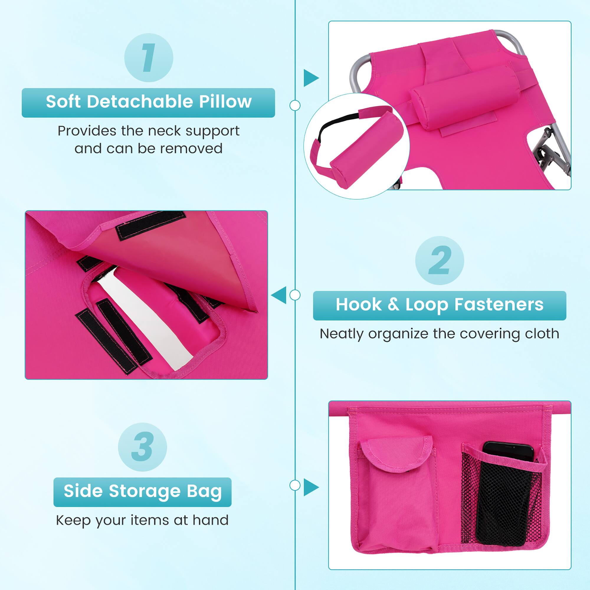 1. Soft Detachable Pillow  
   Provides the neck support and can be removed

2. Hook & Loop Fasteners  
   Neatly organize the covering cloth

3. Side Storage Bag  
   Keep your items at hand