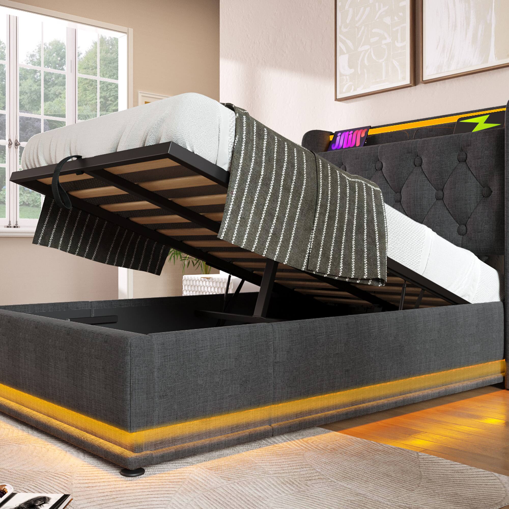 Alt View 1. GOODSILO - Twin Size Upholstered Bed Frame with LED Lighting and Hydraulic Storage - Gray.