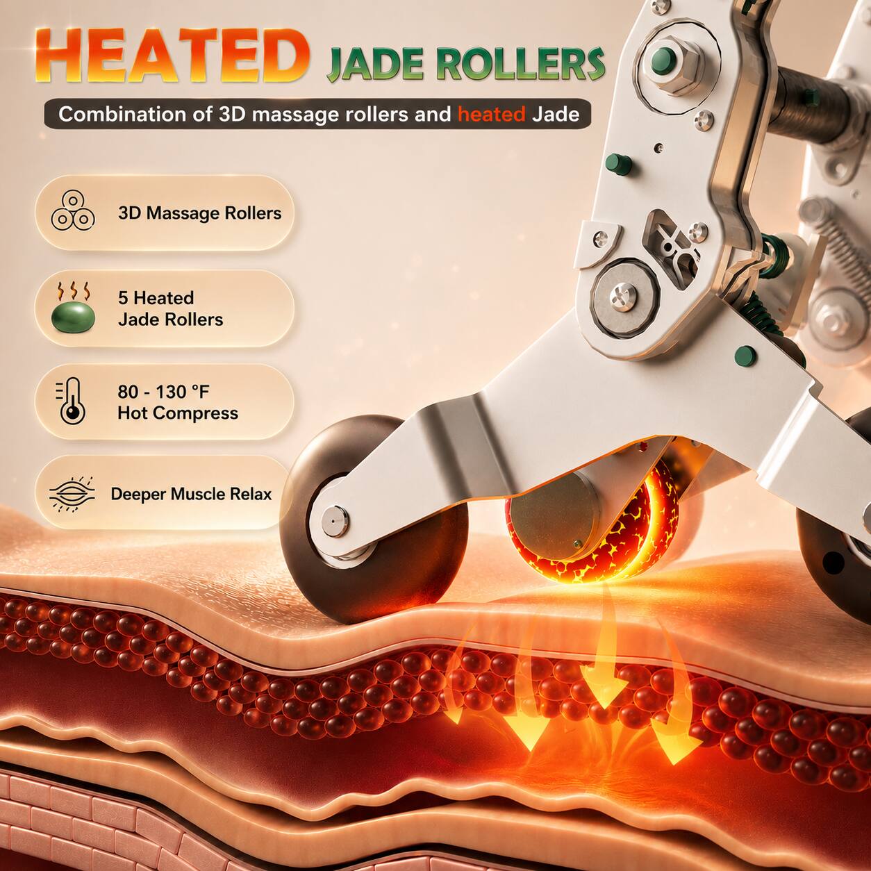 HEATED JADE ROLLERS  
Combination of 3D massage rollers and heated Jade  
3D Massage Rollers  
5 Heated Jade Rollers  
80 - 130 °F Hot Compress  
Deeper Muscle Relax