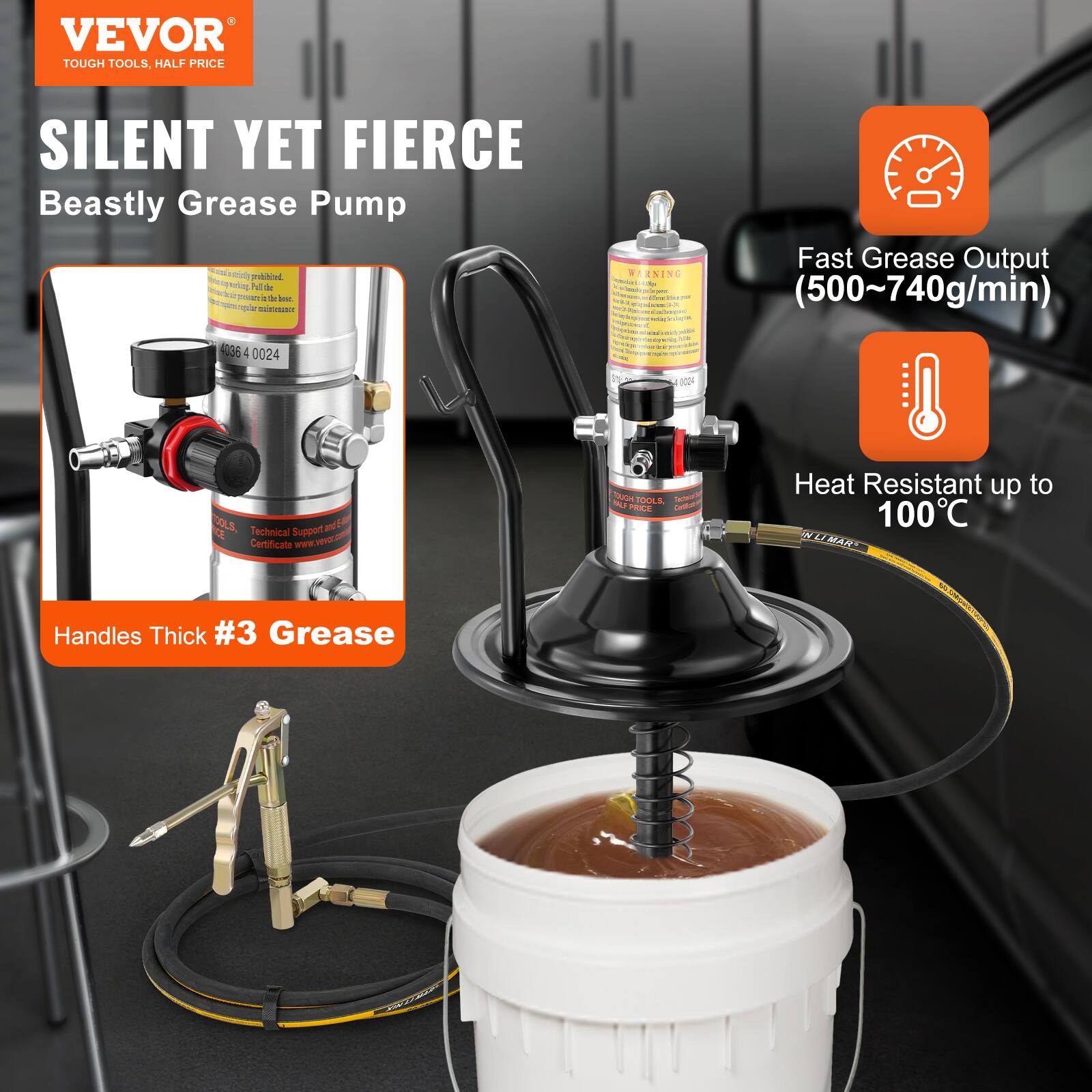 VEVOR  
TOUGH TOOLS, HALF PRICE  

SILENT YET FIERCE  
Beastly Grease Pump  

Handles Thick #3 Grease  

Fast Grease Output (500~740g/min)  

Heat Resistant up to 100°C  

Technical Support Certificate  
www.vevor.com