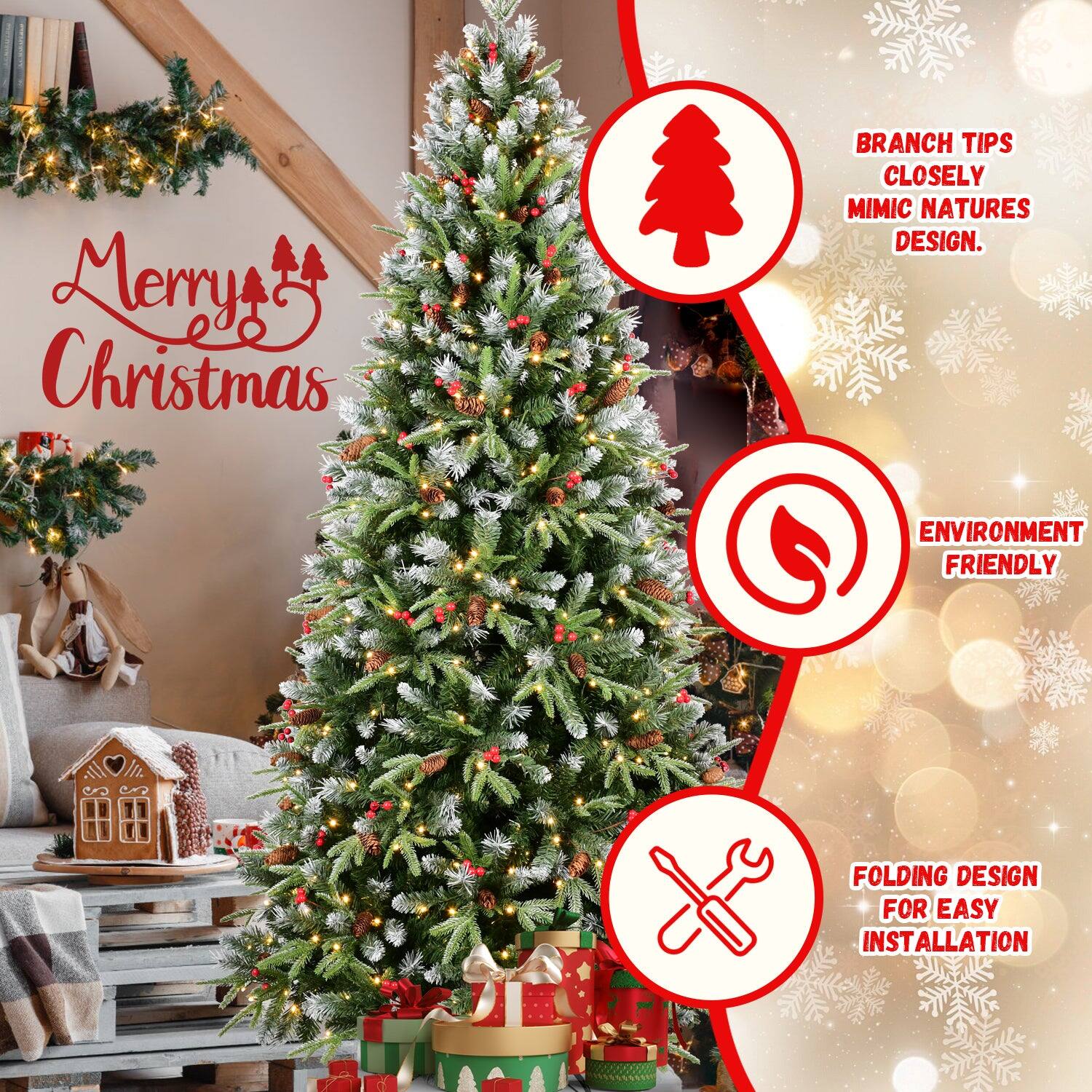 - Merry Christmas

- BRANCH TIPS CLOSELY MIMIC NATURE'S DESIGN.

- ENVIRONMENT FRIENDLY

- FOLDING DESIGN FOR EASY INSTALLATION