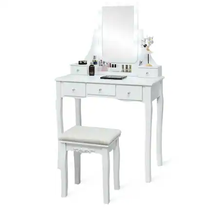 Front. Costway - Costway Vanity Dressing Table Set w/Removable Box &10 Dimmable Bulbs Touch Switch - White.