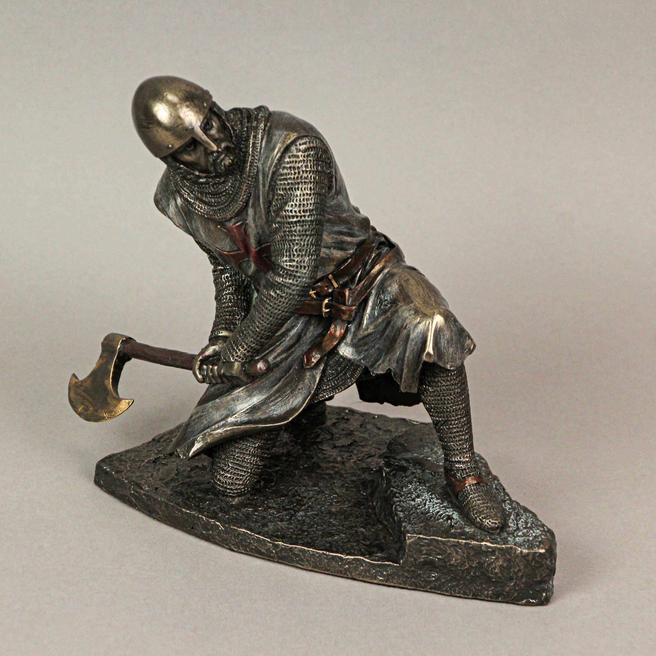 Alt View 8. Veronese Design - Bronze Finish Kneeling Templar Knight Wielding Battle Axe Statue - Multicolored.