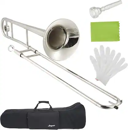Front. Homhougo - B-Flat Alto Trombone, Nickel-Plated Brass with Mouthpiece, Case & Cleaning Kit for Beginners - Silver.