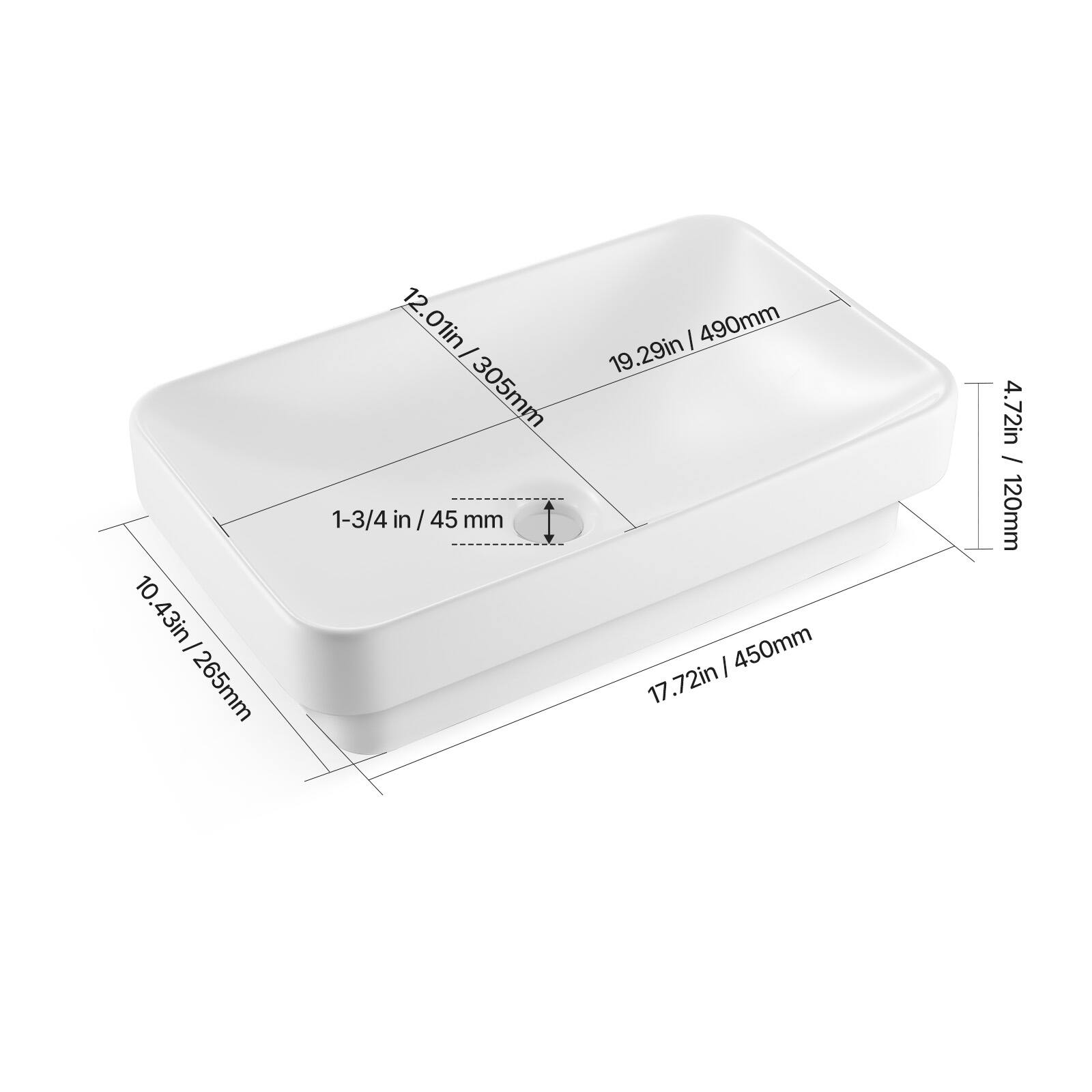 10.43in / 265mm  
12.01in / 305mm  
19.29in / 490mm  
1-3/4 in / 45 mm  
4.72in / 120mm  
17.72in / 450mm