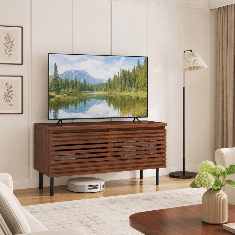 Angle. WELLFOR - Mid Century Modern TV Stand for 40" TVs, Fluted Entertainment Center with 2 Hidden Compartments and Metal Legs - Walnut.