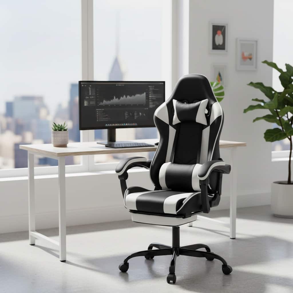 Forest'nSky - Gaming Chair with Footrest, Ergonomic Computer Chair with Headrest, Lumbar Support - White