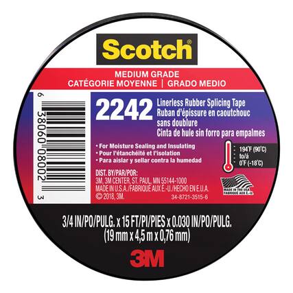 Scotch
MEDIUM GRADE
CATEGORIE MOYENNE | GRADO MEDIO
2242
Linerless Rubber Splicing Tape
Ruban d'epissure en caoutchouc sans doublure
Cinta de hule sin forro para empalmes
For Moisture Sealing and Insulating
Pour l'étanchéité et l'isolation
Para aislar y sellar contra la humedad
194°F (90°C)
to/à
0°F (-18°C)
DIST. BY/PAR/POR:
3M, 3M CENTER, ST. PAUL, MN 55144-1000
MADE IN U.S.A./FABRIQUE AUX E.-U./HECHO EN E.U.A.
3/4 IN/PO/PULG. X 15 FT/PI/PIES X 0.030 IN/PO/PULG.
(19 mm X 4.5 m X 0.76 mm)
3M
© 2018, 3M.
34-8721-