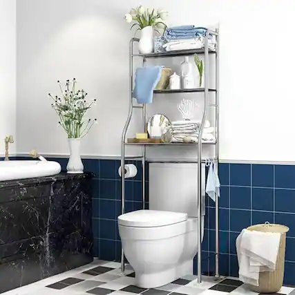 Front. GARVEE - 2-Tier Over The Toilet Storage, Stainless Steel Bathroom Shelf with 2 Detachable Hooks & Anti-Tip Device - Silver.