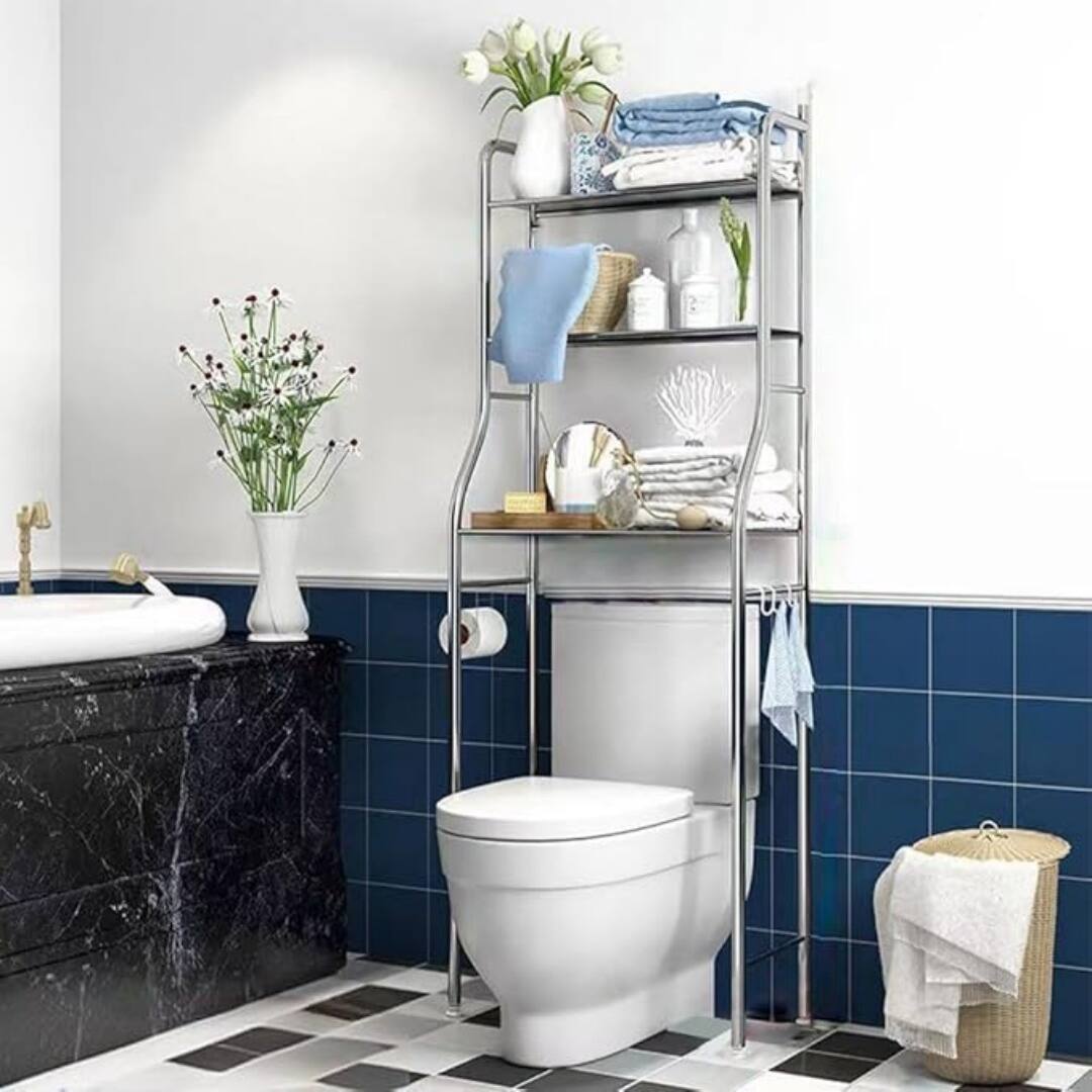 Front. GARVEE - 2-Tier Over The Toilet Storage, Stainless Steel Bathroom Shelf with 2 Detachable Hooks & Anti-Tip Device - Silver.