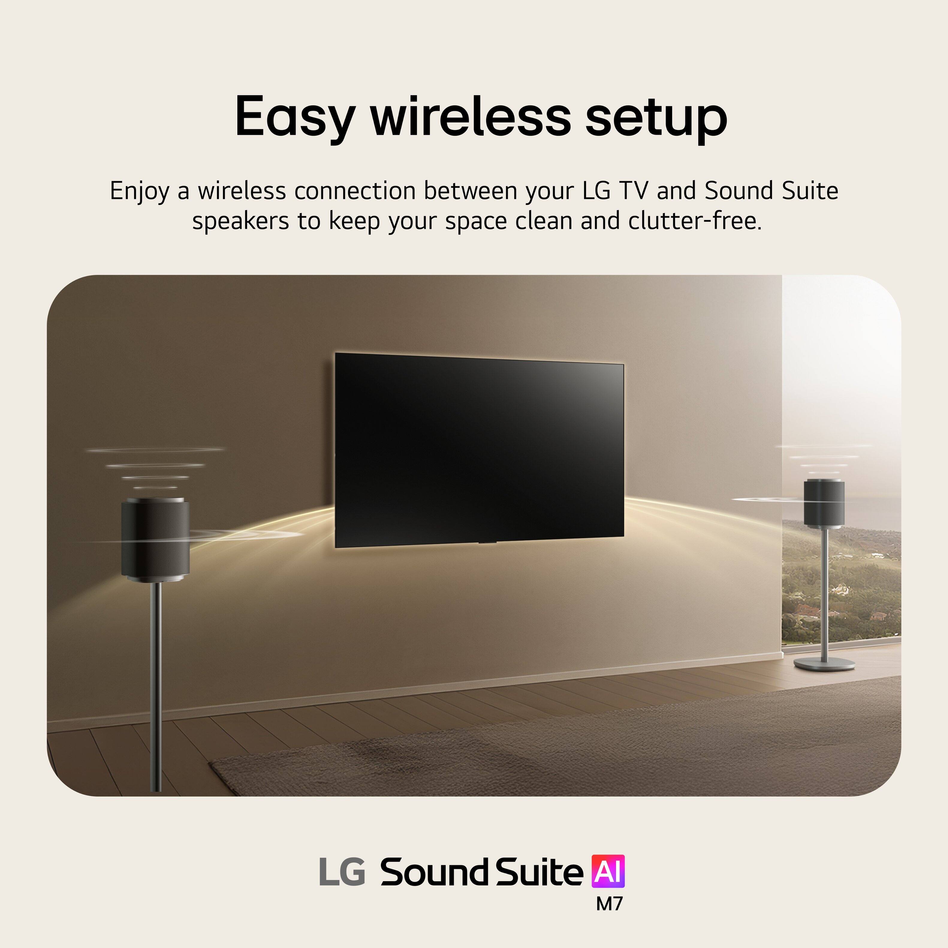 Easy wireless setup

Enjoy a wireless connection between your LG TV and Sound Suite speakers to keep your space clean and clutter-free.

LG Sound Suite AI M7