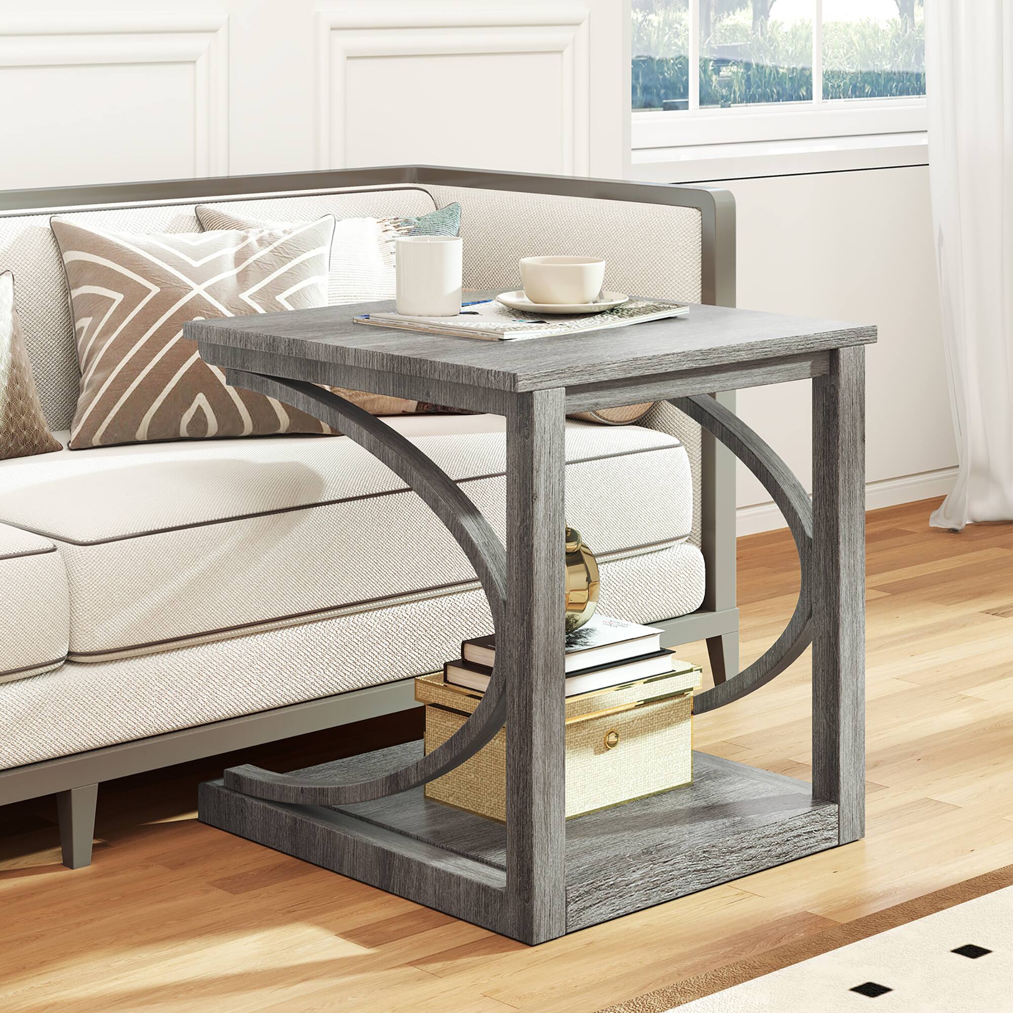 Alt View 4. Gymax - Gymax 2PCS 24'' Side End Table w/ Storage Shelf & Rubber Wood Frame for Small Space - Grey.