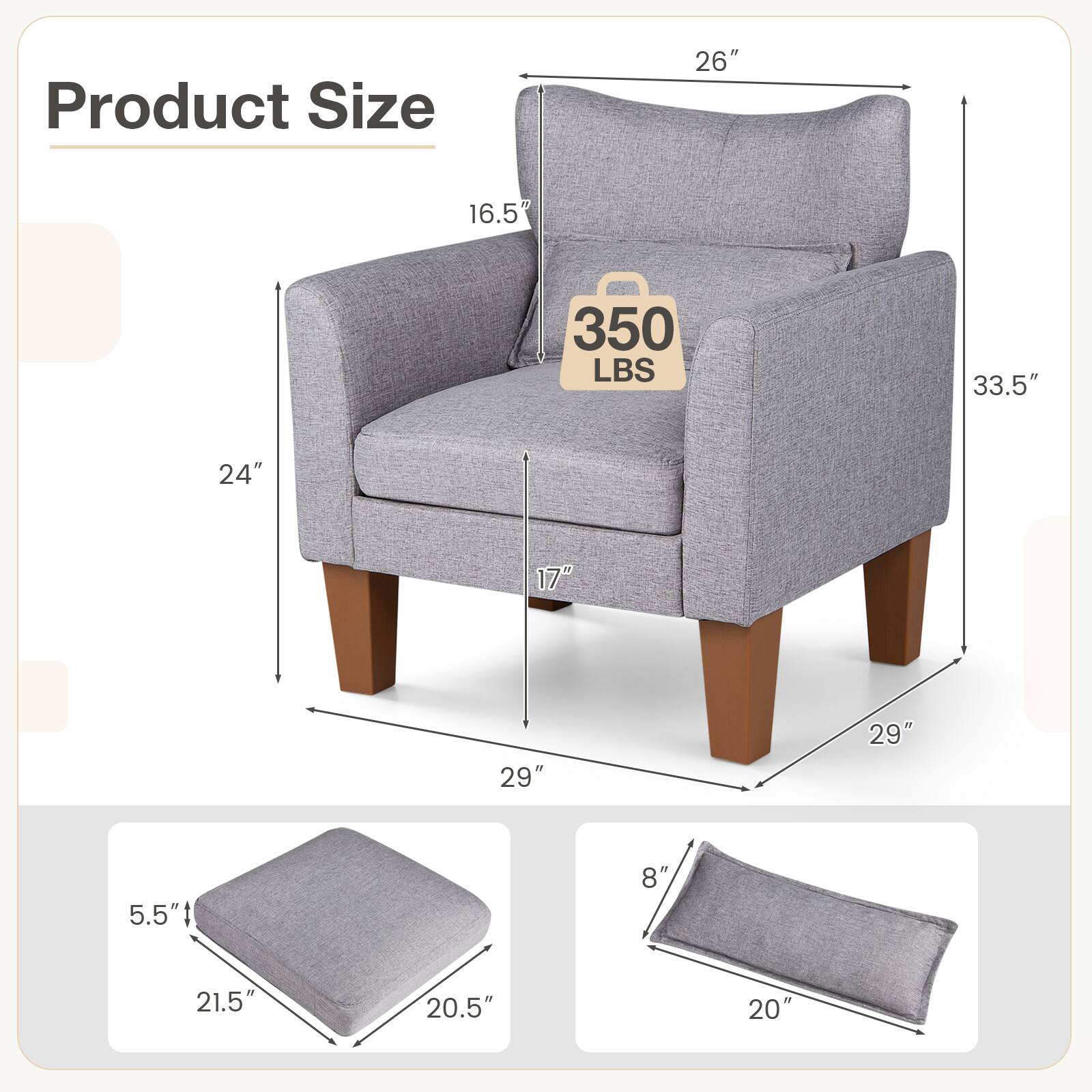 Product Size: 26" x 16.5" x 33.5" x 24" x 17" x 29" x 29" x 5.5" x 8" x 21.5" x 20.5" x 20"  
Weight: 350 LBS
