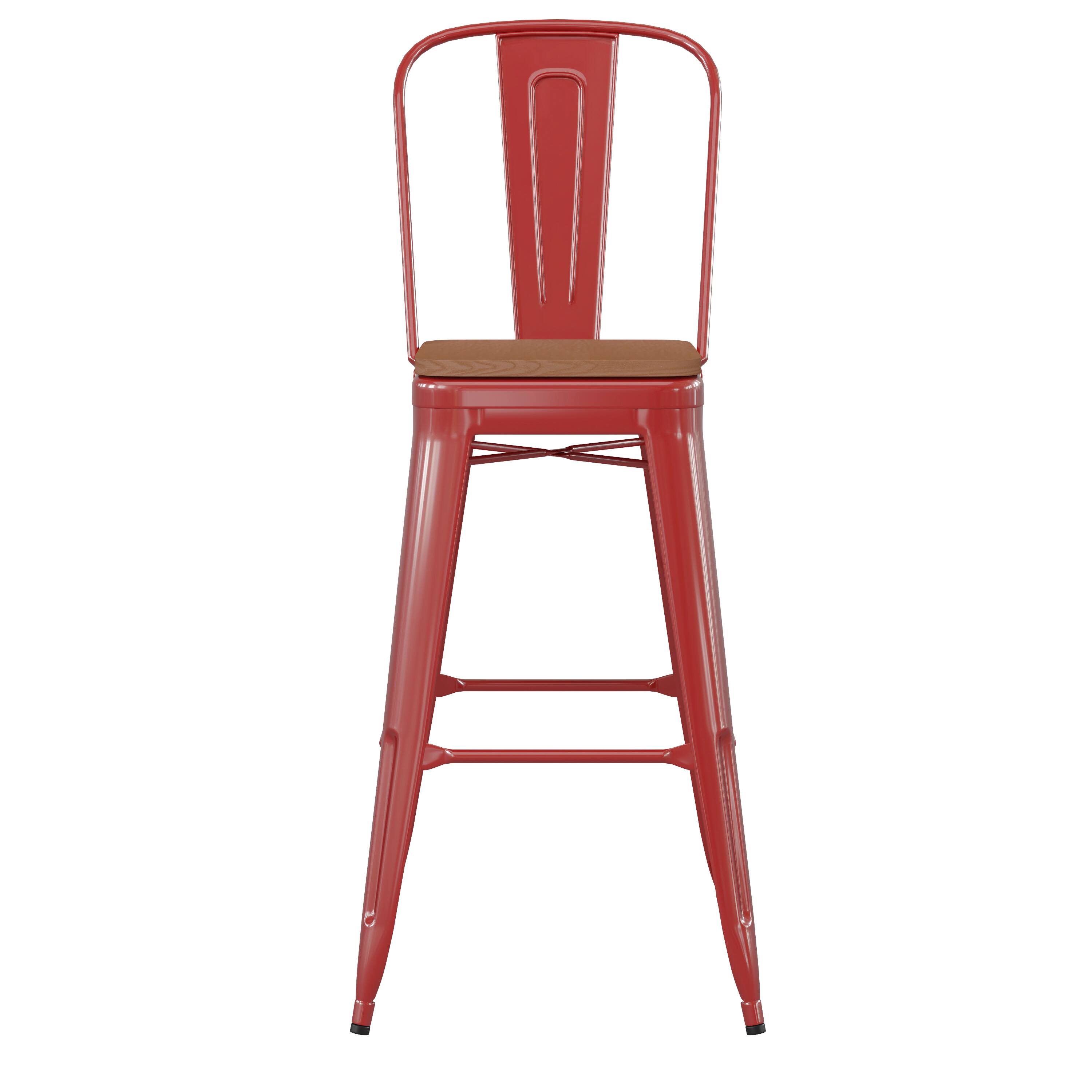Alt View 10. Emma + Oliver - Kam Metal Indoor-Outdoor Stool with Removable Back and All-Weather Polystyrene Seat - Teak Seat/Red Frame.