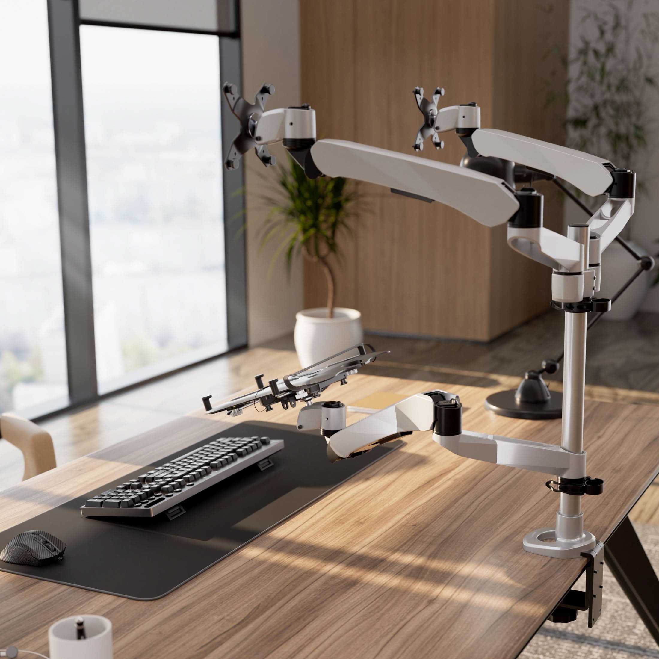 Alt View 9. Mount-It! - CLiX Series Full Motion Dual Monitor + Laptop Mount with Cooling Fan Adjustable Arms for 13"–32" Monitors - Silver.